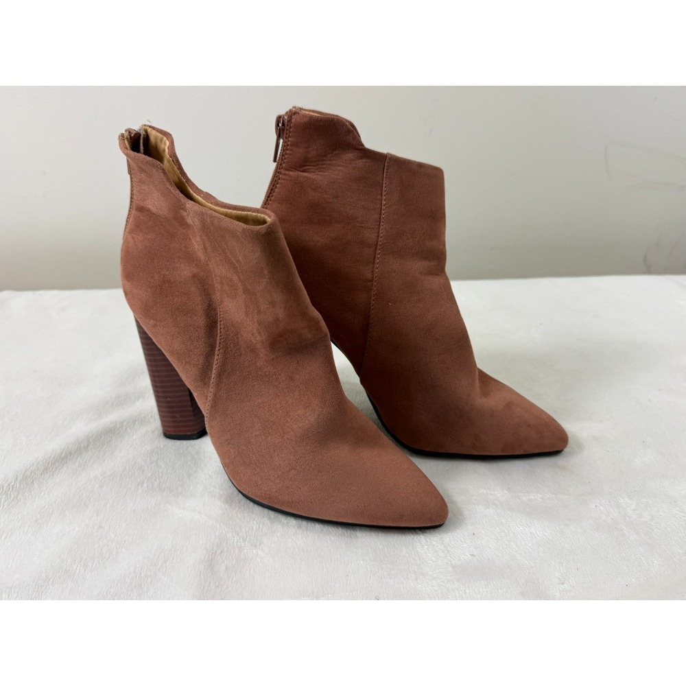 Qupid Ankle Boots Women Size 9 Brown Faux Suede Pointed Toe Block Heel